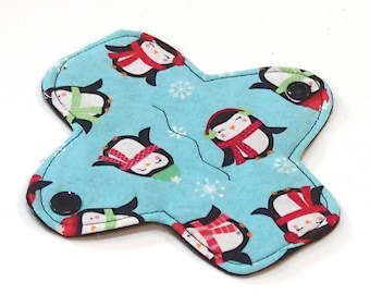 6" Reusable Cloth winged ULTRATHIN Pantyliner - Chilly Penguins -Quilter's Cotton top
