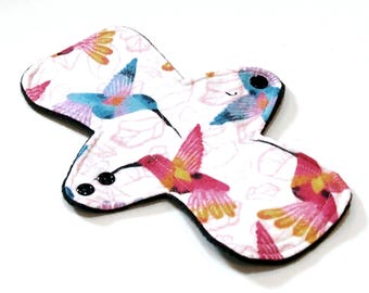 Reusable Cloth Menstrual pad - 9 inch - LIGHT flow - Windpro - cotton flannel top in Hummingbirds