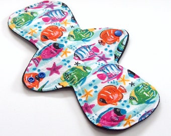 11" MODERATE Flow - Reusable cloth menstrual pad - Windpro - Cotton Flannel Top in Tropical Fish