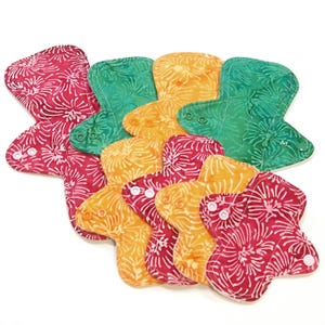 Starter Set of Reusable Cloth Menstrual Pads - Heavy White Fleece Water Barrier - Quilter&#39;s Cotton Top - Batiks