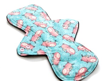 11" HEAVY Flow - Reusable cloth menstrual pad - Black Windpro - cotton flannel top in When Pigs Fly