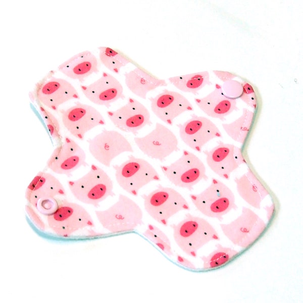 ORGANIC Reusable Cloth winged ULTRATHIN Pantyliner - 6 Inch Organic Cotton flannel top - Pink Pigs