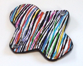 LIGHT Flow - Reusable Cloth Menstrual pad - 6 inch -bamboo core - Black Windpro - quilter's cotton top - Rainbow Celebration
