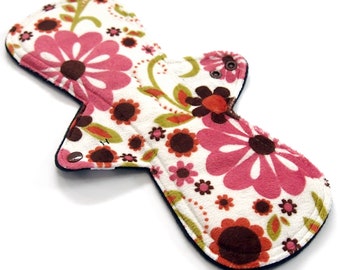 13 inch HEAVY flow Reusable Cloth Menstrual pad - Black Windpro - minky top - Retro Floral