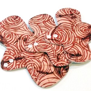 Starter Set of Reusable Cloth Menstrual Pads - Heavy White Fleece Water Barrier - Quilter&#39;s Cotton Top - Burnt Umber Batiks