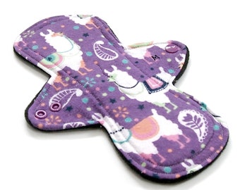 Reusable Cloth Menstrual pad - 9 inch MODERATE flow -bamboo/cotton core - Windpro - cotton flannel top in Llama Party