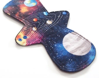 13 inch HEAVY flow Reusable Cloth Menstrual pad - Black Windpro - cotton flannel top - Outer Space