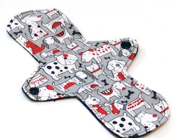Reusable Cloth Pantyliner - ULTRATHIN - 9 inch - Red & Grey Dogs - Cotton Flannel top