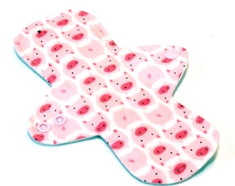 ORGANIC Reusable Cloth Menstrual pad- 8 inch LIGHT flow pantyliner-bamboo/organic cotton core- PUL - organic cotton flannel in Pigs