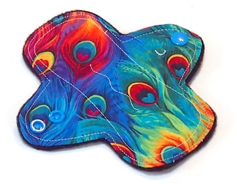 LIGHT Flow - Reusable Cloth Menstrual pad - 6 inch -bamboo core - Black Windpro - quilter's cotton top - Rainbow Peacock