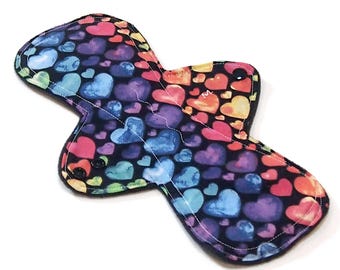 11" MODERATE Flow - Reusable cloth menstrual pad - Windpro - Quilter's Cotton Top in Rainbow Hearts