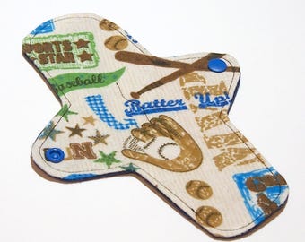 Reusable Cloth winged ULTRATHIN Pantyliner - 8 Inch in "Baseball" - Cotton Flannel top