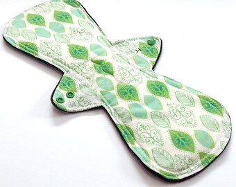 15 inch HEAVY flow Reusable Cloth Menstrual pad - Black Windpro - quilter's cotton top - Green Leaves