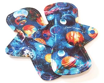 Set of 2 - Reusable 9 inch cloth menstrual pads - regular and heavy - PUL - quilter's cotton tops - Outer Space