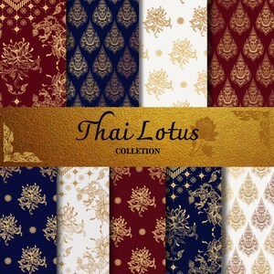 Puede incluir: Colección de patrones de Thai Lotus con diseños florales dorados sobre fondos azul marino, burdeos y blancos. El texto "Thai Lotus Collection" se muestra en dorado.