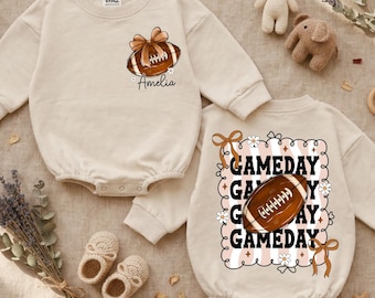 Personalized Preppy Bow Football Baby Girls Romper, Custom Name Retro Floral Gameday Newborn Bodysuit, Girly Football Season Baby Outfit