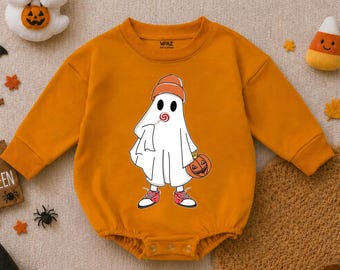Ghost Halloween Baby Bubble Romper, Orange Pumpkin Trick Or Treat Baby Bodysuit, Ghost Spooky Season Newborn Outfit, Halloween Baby Clothes