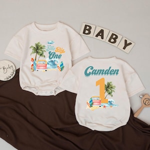 The Big One First Birthday Bubble Romper – Surf Beach Theme Baby Outfit, Custom Name 1st Birthday Gift, Summer Milestone Clothes, 2Sided