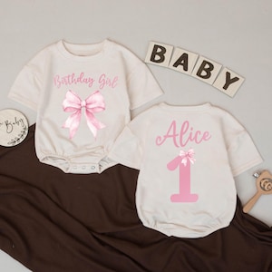 Personalized Bow Birthday Romper – Retro Girl Outfit, Baby Bubble Romper, Cute Birthday Clothes, Baby Shower Gift