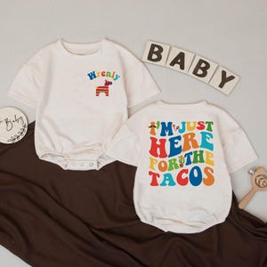 I'm Just Here For The Tacos Romper, Personalized 1st Birthday Outfit, Cinco De Mayo Apparel, Taco Tuesday Baby Bodysuit, Mexican Baby Gift