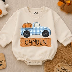 Personalized Pumpkin Truck Autumn Baby Boy Romper, Custom Name Blue Gingham Pumpkin Tractor Infant Bodysuit, Thanksgiving Baby Outfit