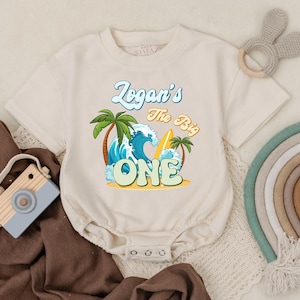 Custom Name The Big One Bubble Romper - Surf Birthday Shirt, Beach Theme Party Outfit, Personalized Boy First Birthday Gift