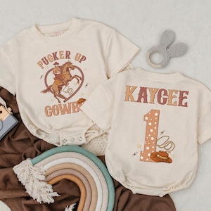Pucker Up Cowboy, My First Rodeo Outfit, Personalized Name Bubble Romper, Retro Cowboy Bodysuit, Western Baby Clothes, Birthday Boys Outfit