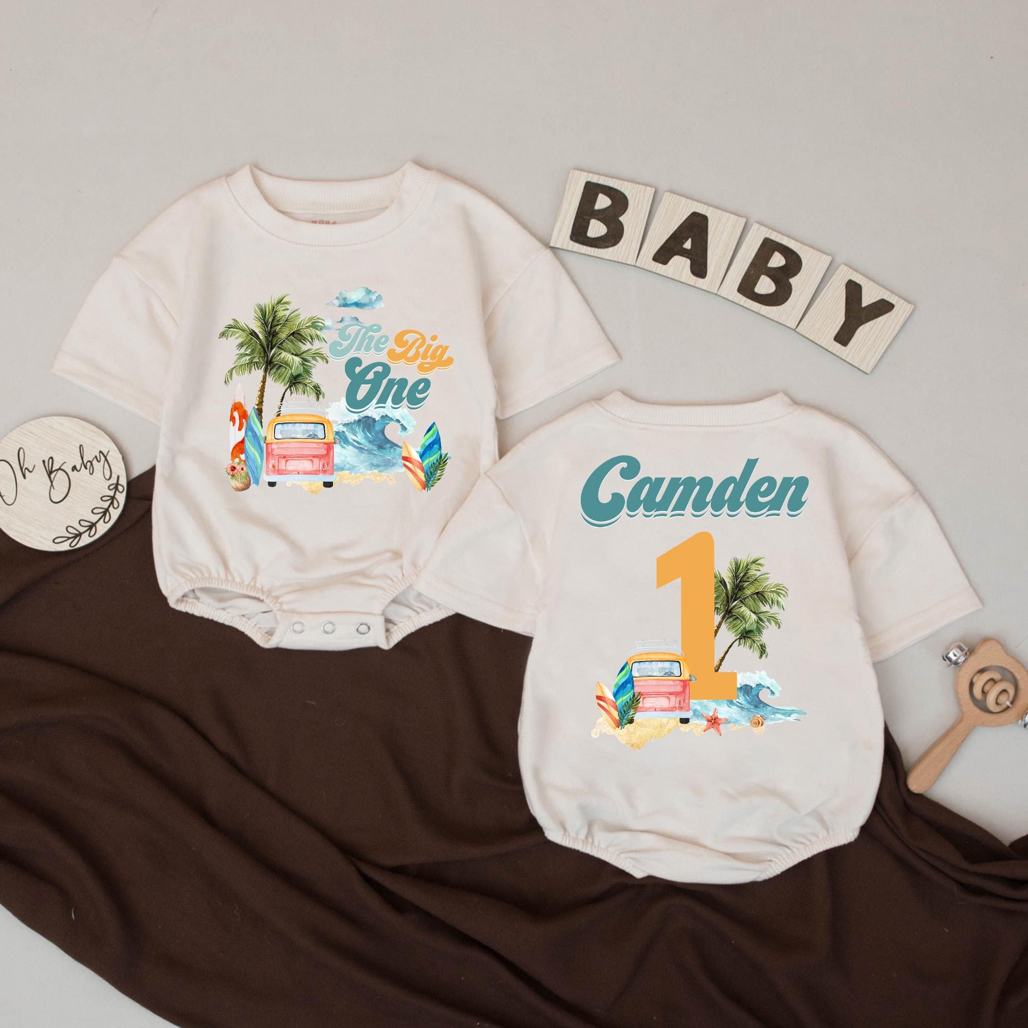 The Big One First Birthday Bubble Romper – Surf Beach Theme Baby Outfit, Custom Name 1st Birthday Gift, Summer Milestone Clothes, 2Sided