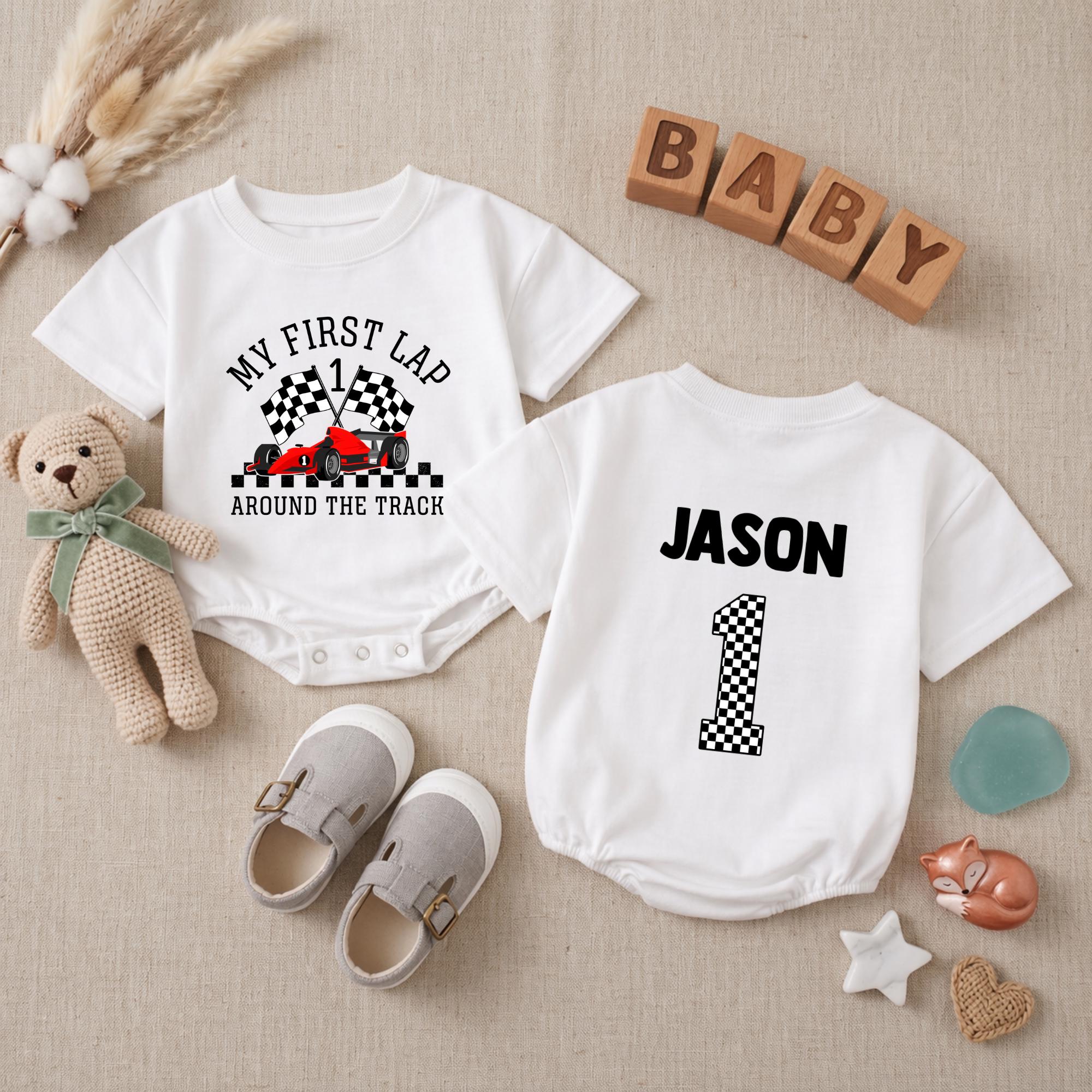 Personalized My First Lap Around the Track Baby Romper, Custom 