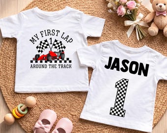 My First Lap Around the Track Infant Tee, Custom Name Race Car First Birthday Baby Clothes, One Year Old Outfit, Car Theme Birthday