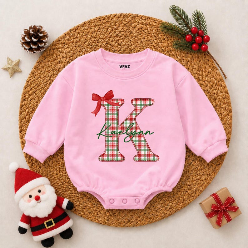Personalized Preppy Red Christmas Bow Baby Girls Romper, Custom Name ...