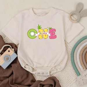 Custom Fruit Theme First Birthday Bubble Romper, Personalized Baby Girl Outfit, One in a Melon Birthday Suit, Summer Fruit Baby Gift