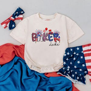 Custom Name 4th of July T-shirt Bubble Romper, Baby Patriotic Outfit, 1st Fourth of July Clothes, Red White Blue Romper, Baby Boy Girl Gift