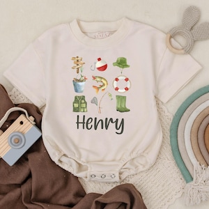 Personalized Name Fishing Theme Bubble Romper, Baby Boy Outfit, Outdoor Adventure Baby Clothes, Custom Cute Father’s Day Gift