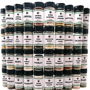 Może przedstawiać: Kolekcja słoików z przyprawami z czarnymi pokrywkami i białymi etykietami. Etykiety wyświetlają różne nazwy przypraw, takie jak "Imbir", "Szczypiorek" i "Wędzona papryka". Słoiki są ułożone w stos, prezentując różnorodne przyprawy kulinarne.