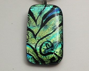 Handcrafted Fused Glass Dichroic Etched Pendant with Satin Cord