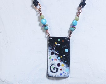 Artisan Created Enamel on Copper Necklace in Black & White With Colored Dots