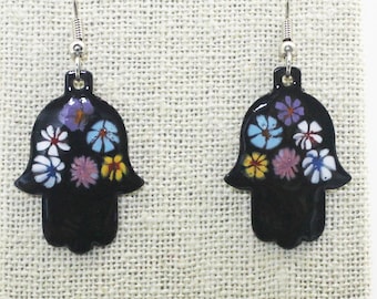 Enamel on Copper Hamsa Hand Dangle Earrings Black with Assorted Millefiori Flowers