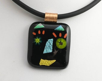 Unique Fun Fused Glass Face Pendant onThick Rubber Cord