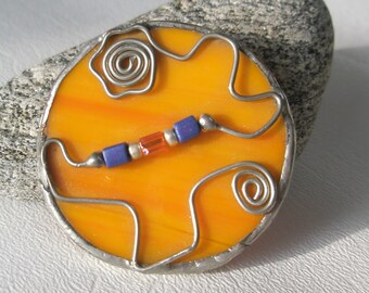 Large Orange Stained Glass Circle Pin with Wire Detail and Beads