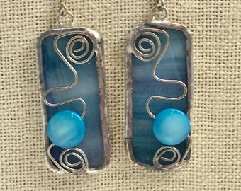 Shades of Aqua Translucent Stained Glass Earrings with Wire Accent  and Bead