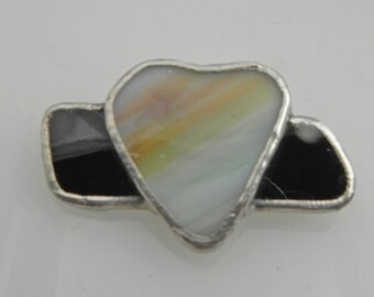 Stained Glass Heart Shaped Brooch set on Black Glass Rectangle