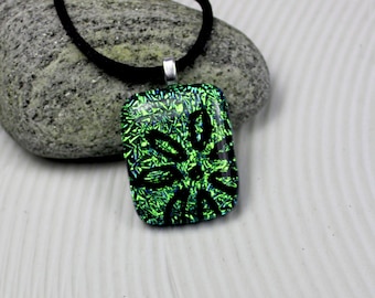 Green Crinklized Dichroic Glass Pendant with Hand Etched Flower Design