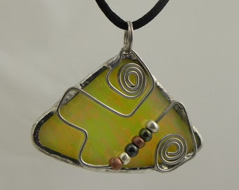 Iridized Yellow  Stained Glass Fan Shaped Pendant with Wire and Beads