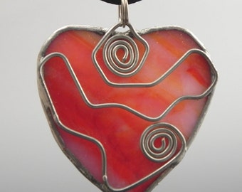 Heart Shaped Pendant in Shades of Red Stained Glass with Wire Detail