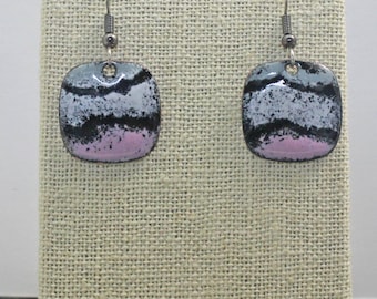Enamel on Copper Dangle Earrings in  Pink, Gray, White & Black