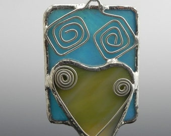 Turquoise Rectangle and Heart Stained Glass Pendant