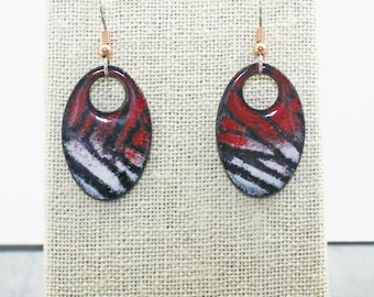 Artisan Enamel on Copper Red, White & Black Dangle Earrings