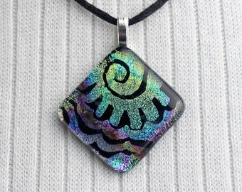 Vibrant Multi-Color Dichroic Glass Diamond Shape Pendant with Hand Etched  Design