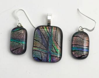 Fused Glass Dichroic Earrings and Pendant Set with Etched Design